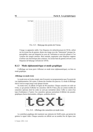 92                                                           Partie 8. Les périphériques

                         1ere ligne




                            F IG . 8.3 – Balayage des points de l’écran.

        l’image va apparaitre stable. Une fréquence de rafraichissement de 50 Hz, utilisé
        sur les écrans bas de gamme, donne une image avec des “battements” presque im-
        perceptibles, mais qui fatiguent les yeux de l’utilisateur et sont très gênant si l’on
        visualise des images animées. Bien entendu, augmenter cette fréquence suppose
        d’utiliser une électronique plus couteuse ; les écrans haut de gamme arrivent à une
        fréquence de balayage verticale de 120 Hz.


8.1.3       Mode alphanumérique et mode graphique
   L’afﬁchage sur écran peut s’effectuer en mode texte (alphanumérique), ou bien en
mode graphique.

Afﬁchage en mode texte
     Le mode texte est le plus simple, tant d’un point vue programmation que d’un point de
vue implémentation. Par contre, il donne des résultats très pauvres. Ce mode d’afﬁchage
était le seul en usage jusqu’à une époque récente.
     En mode texte, on afﬁche 24 lignes de 80 caractères. Chaque caractère est codé sur
8 bits, ce qui permet d’afﬁcher les caractères ASCII (7 bits), plus un certain nombre de
caractères spéciaux dont les codes ne sont pas normalisés (donc l’effet va varier d’un
type d’ordinateur à l’autre). Ces caractères spéciaux permettent d’afﬁcher des pseudo-
graphiques (barres horizontales, obliques, symboles divers).
                   1
                   2
                   3
                   4
                   5
                   6
                   7
                   8
                   9
                   10




                        F IG . 8.4 – Afﬁchage des caractères en mode texte.

   Le contrôleur graphique doit maintenir une mémoire de 24x80 octets, qui permet de
générer le signal vidéo. Chaque caractère est afﬁché sur un nombre ﬁxe de lignes (une

E. Viennet - GTR - v1.2d
 