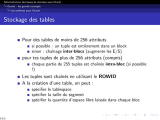 Administration des bases de données sous Oracle
Oracle : les grands concepts
Les schémas pour Oracle
Stockage des tables
Pour des tables de moins de 256 attributs
si possible : un tuple est entièrement dans un block
sinon : chaı̂nage inter-blocs (augmente les E/S)
pour tes tuples de plus de 256 attributs (compris)
chaque partie de 255 tuples est chaı̂née intra-bloc (si possible
!)
Les tuples sont chaı̂nés en utilisant le ROWID
A la création d’une table, on peut :
spécifier le tablespace
spécifier la taille du segment
spécifier la quantite d’espace libre laissée dans chaque bloc
14/1
 