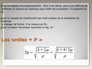 Les ondes « P »Les ondes « P »
20
k est le module d'incompressibilité : Plus il est élevé, plus il est difficile de
diminuer le volume du matériau sous l'effet de la pression. Il s'exprime en
Pa
µ est le module de cisaillement qui rend compte de la résistance du
matériau
à changer de forme. Il se mesure en Pa .
ρ est la masse volumique exprimée en Kg. m-3.
 