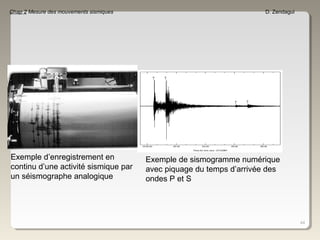 44
Chap 2 Mesure des mouvements sismiques D. Zendagui
Exemple d’enregistrement en
continu d’une activité sismique par
un séismographe analogique
Exemple de sismogramme numérique
avec piquage du temps d’arrivée des
ondes P et S
 