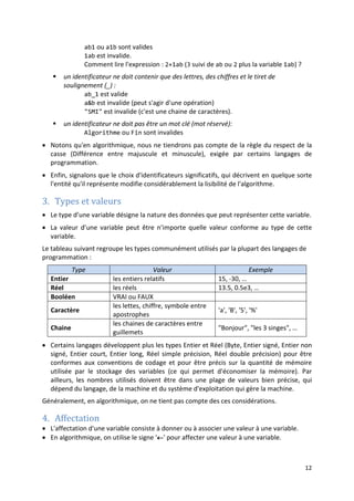 9
• D’autre part, certains de ces langages offrent aussi la possibilité de mentionner si une
variable du programme ne sera pas modifiée au cours de l’exécution. Ce type de
variables est traité différemment et elles sont dites des constantes.
• Il s’ensuit, alors, que dans un algorithme, on doit déclarer les variables, et
éventuellement les constantes, que notre algorithme utilisera en spécifiant pour chaque
variable un identificateur (le nom) et le type.
Dans la structure générale d’un algorithme ne devrons donc ajouter une partie de
déclarations :
Algorithme : nom_de_l_algorithme
Var nom_variable : type_variable
Const nom_constante = valeur_constante
Début
instruction1
instruction2
...
Fin.
Les mots Var et Const sont des mots clés conventionnels et sont utilisés pour déclarer une
variable ou une constante.
- L’identificateur de la variable est suivi du symbole : et du type de la variable.
- le nom de la constante est suivi par le symbole = et de la valeur de cette constante.
Exemple 2.2
...
...
Fin.
:
/* Calcul du prix TTC */
Algorithme : calcul_prix_ttc
Var pu, prix_ttc : Réel
Var qt : Entier
Const tva = 0.2
Début
2. Identificateurs
• Un identificateur est le nom donné à une entité, dans un algorithme (ou dans un code
source d'un langage de programmation). Comme par exemple le nom de l'algorithme ou
le nom d'une variable ou d'une constante.
• Les langages de programmation exigent certaines règles à respecter pour le choix des
identificateurs. La plupart de ces règles sont communes à tous les langages. En
algorithmique, donc, on doit suivre aussi certaines de ces règles, et surtout les plus
importantes.
A savoir :
 un identificateur ne doit pas contenir d'espaces.
En nommant une variable a b, on ne sera pas s'il s'agit d'une variable ou de
deux variables.
 un identificateur doit commencer par une lettre :
 