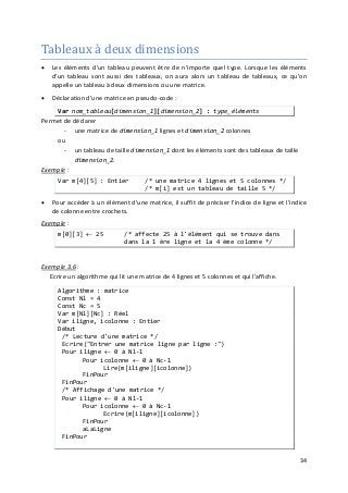 34
Tableaux à deux dimensions
• Les éléments d'un tableau peuvent être de n'importe quel type. Lorsque les éléments
d'un tableau sont aussi des tableaux, on aura alors un tableau de tableaux, ce qu'on
appelle un tableau à deux dimensions ou une matrice.
• Déclaration d'une matrice en pseudo-code :
Var nom_tableau[dimension_1][dimension_2] : type_éléments
Permet de déclarer
- une matrice de dimension_1 lignes et dimension_2 colonnes
ou
- un tableau de taille dimension_1 dont les éléments sont des tableaux de taille
dimension_2.
Exemple
• Pour accéder à un élément d'une matrice, il suffit de préciser l'indice de ligne et l'indice
de colonne entre crochets.
:
Var m[4][5] : Entier /* une matrice 4 lignes et 5 colonnes */
/* m[i] est un tableau de taille 5 */
Exemple :
m[0][3] ← 25 /* affecte 25 à l'élément qui se trouve dans
dans la 1 ère ligne et la 4 ème colonne */
Exemple 3.6 :
Ecrire un algorithme qui lit une matrice de 4 lignes et 5 colonnes et qui l'affiche.
Algorithme : matrice
Const Nl = 4
Const Nc = 5
Var m[Nl][Nc] : Réel
Var iligne, icolonne : Entier
Début
/* Lecture d'une matrice */
Ecrire("Entrer une matrice ligne par ligne :")
Pour iligne ← 0 à Nl-1
Pour icolonne ← 0 à Nc-1
Lire(m[iligne][icolonne])
FinPour
FinPour
/* Affichage d'une matrice */
Pour iligne ← 0 à Nl-1
Pour icolonne ← 0 à Nc-1
Ecrire(m[iligne][icolonne])
FinPour
aLaLigne
FinPour
 
