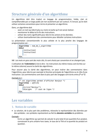 Eléments de base de l’algorithme
 