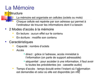 20
La Mémoire

Structure
 La mémoire est organisée en cellules (octets ou mots)
 Chaque cellule est repérée par son adresse qui permet à
l’ordinateur de trouver les informations dont il a besoin

2 Modes d’accès à la mémoire
 En lecture : aucun effet sur le contenu
 En écriture : modifie son contenu

Caractéristiques
 Capacité : nombre d’octets
 Accès

direct : grâce à l’adresse, accès immédiat à
l’information (on parle de support adressable)

séquentiel : pour accéder à une information, il faut avoir
lu toutes les précédentes (ex : cassette audio)
 Temps d’accès : temps écoulé entre l’instant où l’information
est demandée et celui où elle est disponible (en ms)
 