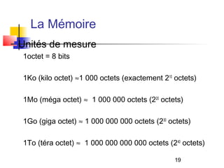 19
La Mémoire
Unités de mesure
1octet = 8 bits
1Ko (kilo octet) ≈1 000 octets (exactement 210
octets)
1Mo (méga octet) ≈ 1 000 000 octets (220
octets)
1Go (giga octet) ≈ 1 000 000 000 octets (230
octets)
1To (téra octet) ≈ 1 000 000 000 000 octets (240
octets)
 