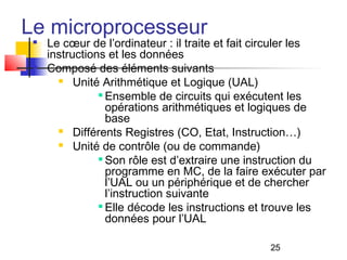 25
Le microprocesseur
Le cœur de l’ordinateur : il traite et fait circuler les
instructions et les données

Composé des éléments suivants
 Unité Arithmétique et Logique (UAL)

Ensemble de circuits qui exécutent les
opérations arithmétiques et logiques de
base
 Différents Registres (CO, Etat, Instruction…)
 Unité de contrôle (ou de commande)

Son rôle est d’extraire une instruction du
programme en MC, de la faire exécuter par
l’UAL ou un périphérique et de chercher
l’instruction suivante

Elle décode les instructions et trouve les
données pour l’UAL
 