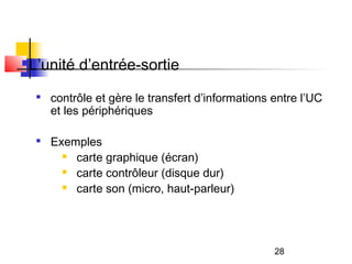 28
L’unité d’entrée-sortie

contrôle et gère le transfert d’informations entre l’UC
et les périphériques

Exemples
 carte graphique (écran)
 carte contrôleur (disque dur)
 carte son (micro, haut-parleur)
 