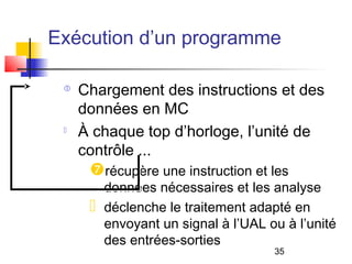 35
Exécution d’un programme

Chargement des instructions et des
données en MC

À chaque top d’horloge, l’unité de
contrôle ...
récupère une instruction et les
données nécessaires et les analyse
 déclenche le traitement adapté en
envoyant un signal à l’UAL ou à l’unité
des entrées-sorties
 