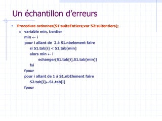 Un échantillon d’erreurs
 Procedure ordonner(S1:suiteEntiers;var S2:suitentiers);
 variable min, i:entier
min  i
pour i allant de 2 à S1.nbelement faire
si S1.tab[i] < S1.tab[min]
alors min  i
echanger(S1.tab[i],S1.tab[min])
fsi
fpour
pour i allant de 1 à S1.nbElement faire
S2.tab[i]S1.tab[i]
fpour
 