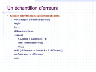 Un échantillon d’erreurs
 function estOrdonnée(S:suiteEntiers):boolean;
 var i:integer; difference:boolean;
begin
i:= 1;
difference:=false:
reapeat
if S.tab[i] < S.element[i+1]
then difference:=true;
inc(i);
until ( difference :=false or i = S.nbElement);
estOrdonnee := difference
end;
 