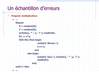 Un échantillon d’erreurs
 Program multiplication;
 ...
Repeat
X = random(N);
Y = random(N);
writeln(x, ’* ’, y, ‘ ? ’); readln(R);
R1 := x*y;
if(R=R1) then begin
writeln(‘ Bbravo ’);
i:=i+1;
end
else begin
writeln(‘ faux ’); writeln(x, ‘ * ’,y, ’? ’);
readln(R);
end;
until i> Max
 ...
 