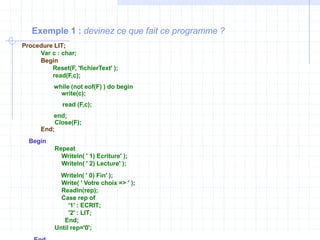 Exemple 1 : devinez ce que fait ce programme ?
Procedure LIT;
Var c : char;
Begin
Reset(F, 'fichierText' );
read(F,c);
while (not eof(F) ) do begin
write(c);
read (F,c);
end;
Close(F);
End;
Begin
Repeat
Writeln( ' 1) Ecriture' );
Writeln( ' 2) Lecture' );
Writeln( ' 0) Fin' );
Write( ' Votre choix => ' );
Readln(rep);
Case rep of
'1' : ECRIT;
'2' : LIT;
End;
Until rep='0';
 
