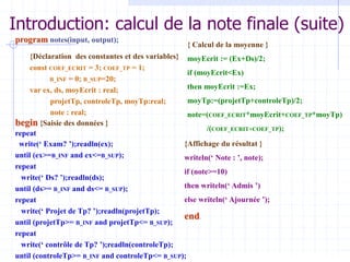Introduction: calcul de la note finale (suite)
program notes(input, output);
{ Calcul de la moyenne }
moyEcrit := (Ex+Ds)/2;
if (moyEcrit<Ex)
then moyEcrit :=Ex;
moyTp:=(projetTp+controleTp)/2;
note=(COEF_ECRIT*moyEcrit+COEF_TP*moyTp)
/(COEF_ECRIT+COEF_TP);
{Déclaration des constantes et des variables}
const COEF_ECRIT = 3; COEF_TP = 1;
B_INF = 0; B_SUP=20;
var ex, ds, moyEcrit : real;
projetTp, controleTp, moyTp:real;
note : real;
begin {Saisie des données }
repeat
write(‘ Exam? ’);readln(ex);
until (ex>=B_INF and ex<=B_SUP);
repeat
write(‘ Ds? ’);readln(ds);
until (ds>= B_INF and ds<= B_SUP);
repeat
write(‘ Projet de Tp? ’);readln(projetTp);
until (projetTp>= B_INF and projetTp<= B_SUP);
repeat
write(‘ contrôle de Tp? ’);readln(controleTp);
until (controleTp>= B_INF and controleTp<= B_SUP);
{Affichage du résultat }
writeln(‘ Note : ’, note);
if (note>=10)
then writeln(‘ Admis ’)
else writeln(‘ Ajournée ’);
end.
 