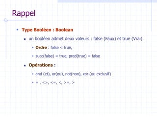 Rappel
 Type Booléen : Boolean
 un booléen admet deux valeurs : false (Faux) et true (Vrai)
 Ordre : false < true,
 succ(false) = true, pred(true) = false
 Opérations :
 and (et), or(ou), not(non), xor (ou exclusif)
 = , <>, <=, <, >=, >
 