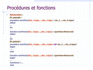 Procédures et fonctions
 Déclaration :
En pseudo :
procédure nomProc(don_1:type,…,don_n:type, r rés_1,…,rés_m:type)
début
…
fin
fonction nomFonct(don_1:type,…,don_n:type) : typeValeurRetournée
début
…
fin
En pascal :
procedure nomProc(don_1:type,…,don_n:type, var rés_1,…,rés_m:type)
begin
…
end;
function nomFonct(don_1:type,…,don_n:type) : typeValeurRetournée
begin
…
nomFonct:= ...
end;
 