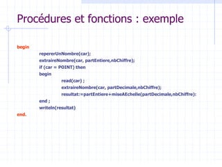 Procédures et fonctions : exemple
begin
repererUnNombre(car);
extraireNombre(car, partEntiere,nbChiffre);
if (car = POINT) then
begin
read(car) ;
extraireNombre(car, partDecimale,nbChiffre);
resultat:=partEntiere+miseAEchelle(partDecimale,nbChiffre):
end ;
writeln(resultat)
end.
 
