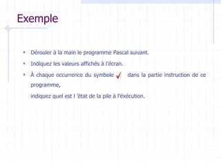 Exemple
 Dérouler à la main le programme Pascal suivant.
 Indiquez les valeurs affichés à l’écran.
 À chaque occurrence du symbole dans la partie instruction de ce
programme,
indiquez quel est l ’état de la pile à l’éxécution.
 