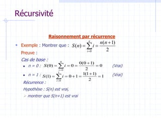 Récursivité
Raisonnement par récurrence
 Exemple : Montrer que :
Preuve :
Cas de base :
 n = 0 : (Vrai)
 n = 1 : (Vrai)
Récurrence :
Hypothèse : S(n) est vrai,
 montrer que S(n+1) est vrai
2
)
1
(
)
(
0


 

n
n
i
n
S
n
i
1
2
)
1
1
(
1
1
0
)
1
(
1
0





 

i
i
S
0
2
)
1
0
(
0
0
)
0
(
0
0




 

i
i
S
 