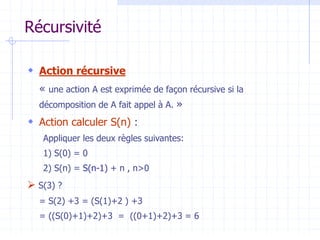 Récursivité
 Action récursive
« une action A est exprimée de façon récursive si la
décomposition de A fait appel à A. »
 Action calculer S(n) :
Appliquer les deux règles suivantes:
1) S(0) = 0
2) S(n) = S(n-1) + n , n>0
 S(3) ?
= S(2) +3 = (S(1)+2 ) +3
= ((S(0)+1)+2)+3 = ((0+1)+2)+3 = 6
 