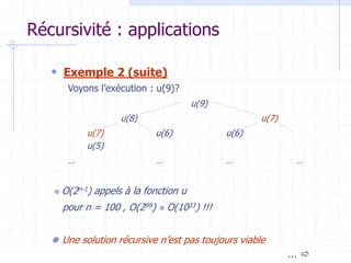 Récursivité : applications
 Exemple 2 (suite)
Voyons l’exécution : u(9)?
u(9)
u(8) u(7)
u(7) u(6) u(6)
u(5)
… … … …
 O(2n-1) appels à la fonction u
pour n = 100 , O(299)  O(1033) !!!
 Une solution récursive n’est pas toujours viable
... 
 