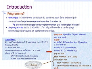Introduction
 Programme?
 Remarque : l’algorithme de calcul du pgcd ne peut être exécuté par
une machine! (qui ne comprend que des 0 et des 1)
 Besoin d’un langage de programmation (ici le langage Pascal)
 Un programme est la traduction d’un algorithme dans un langage
informatique particulier et parfaitement précis.
program equation (input, output);
var a,b: real;
begin
writeln(‘ Résolution de l ’équation
: ax+b=0’);
write(‘ a ? ’);readln(a);
write(‘ b? ’); readln (b);
if ( a <>0)
then writeln(‘ x =’ ,-b/a)
else if (b<>0)
then writeln(‘ insoluble’)
else writeln(‘ tout réel est solution’)
end..
Algorithme :
Écrire(‘ résolution de l ’équation : ax+b=0 ’)
lire(a), lire(b)
Si a est non nul,
alors on obtient la solution : x = -b/a
sinon si b est non nul,
alors l'équation est insoluble
sinon tout réel est solution
Choisir
 