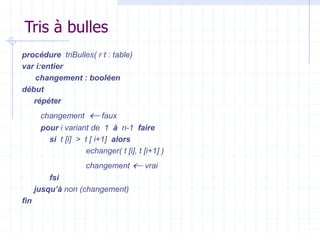 Tris à bulles
procédure triBulles( r t : table)
var i:entier
changement : booléen
début
répéter
changement  faux
pour i variant de 1 à n-1 faire
si t [i] > t [ i+1] alors
echanger( t [i], t [i+1] )
changement  vrai
fsi
jusqu’à non (changement)
fin
 