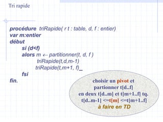 procédure triRapide( r t : table, d, f : entier)
var m:entier
début
si (d<f)
alors m  partitionner(t, d, f )
triRapide(t,d,m-1)
triRapide(t,m+1, f)
fsi
fin.
Tri rapide
choisir un pivot et
partionner t[d..f]
en deux t[d..m] et t[m+1..f] tq.
t[d..m-1] <=t[m] <=t[m+1..f]
à faire en TD
 