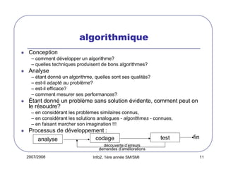 2007/2008 Info2, 1ère année SM/SMI 11
algorithmique
Conception
– comment développer un algorithme?
– quelles techniques produisent de bons algorithmes?
Analyse
– étant donné un algorithme, quelles sont ses qualités?
– est-il adapté au problème?
– est-il efficace?
– comment mesurer ses performances?
Étant donné un problème sans solution évidente, comment peut on
le résoudre?
– en considérant les problèmes similaires connus,
– en considérant les solutions analogues - algorithmes - connues,
– en faisant marcher son imagination !!!
Processus de développement :
analyse codage test fin
découverte d’erreurs
demandes d’améliorations
 
