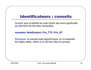 2007/2008 Info2, 1ère année SM/SMI 18
Identificateurs : conseilsIdentificateurs : conseilsIdentificateurs : conseilsIdentificateurs : conseils
Conseil: pour la lisibilité du code choisir des noms significatifs
qui décrivent les données manipulées
exemples: NoteEtudiant, Prix_TTC, Prix_HT
Remarque: en pseudo-code algorithmique, on va respecter
les règles citées, même si on est libre dans la syntaxe
 