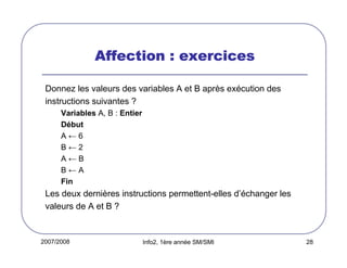 2007/2008 Info2, 1ère année SM/SMI 28
Affection : exercicesAffection : exercicesAffection : exercicesAffection : exercices
Donnez les valeurs des variables A et B après exécution des
instructions suivantes ?
Variables A, B : Entier
Début
A ← 6
B ← 2
A ← B
B ← A
Fin
Les deux dernières instructions permettent-elles d’échanger les
valeurs de A et B ?
 