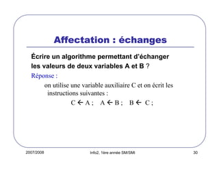 2007/2008 Info2, 1ère année SM/SMI 30
Affectation :Affectation :Affectation :Affectation : ééééchangeschangeschangeschanges
Écrire un algorithme permettant d’échanger
les valeurs de deux variables A et B ?
Réponse :
on utilise une variable auxiliaire C et on écrit les
instructions suivantes :
C A ; A B ; B C ;
 