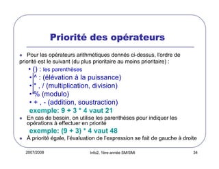 2007/2008 Info2, 1ère année SM/SMI 34
PrioritPrioritPrioritPrioritéééé des opdes opdes opdes opéééérateursrateursrateursrateurs
Pour les opérateurs arithmétiques donnés ci-dessus, l'ordre de
priorité est le suivant (du plus prioritaire au moins prioritaire) :
• () : les parenthèses
• ^ : (élévation à la puissance)
• * , / (multiplication, division)
• % (modulo)
• + , - (addition, soustraction)
exemple: 9 + 3 * 4 vaut 21
En cas de besoin, on utilise les parenthèses pour indiquer les
opérations à effectuer en priorité
exemple: (9 + 3) * 4 vaut 48
À priorité égale, l’évaluation de l’expression se fait de gauche à droite
 