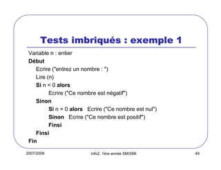 2007/2008 Info2, 1ère année SM/SMI 49
Tests imbriquTests imbriquTests imbriquTests imbriquéééés : exemple 1s : exemple 1s : exemple 1s : exemple 1
Variable n : entier
Début
Ecrire ("entrez un nombre : ")
Lire (n)
Si n < 0 alors
Ecrire ("Ce nombre est négatif")
Sinon
Si n = 0 alors Ecrire ("Ce nombre est nul")
Sinon Ecrire ("Ce nombre est positif")
Finsi
Finsi
Fin
 