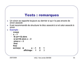 2007/2008 Info2, 1ère année SM/SMI 53
Tests : remarques
Un sinon se rapporte toujours au dernier si qui n’a pas encore de
sinon associé
Il est recommandé de structurer le bloc associé à si et celui associé à
sinon
Exemple :
• Lire(a)
• x ←1
• Si (a>= 0) alors
si (a==0) alors x ←2
sinon x ←3
finsi
finsi
ecrire(x) a : -1 0 1
affichage : 1 2 3
 