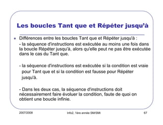 2007/2008 Info2, 1ère année SM/SMI 67
Les boucles Tant que et Répéter jusqu’à
Différences entre les boucles Tant que et Répéter jusqu'à :
- la séquence d'instructions est exécutée au moins une fois dans
la boucle Répéter jusqu'à, alors qu'elle peut ne pas être exécutée
dans le cas du Tant que.
- la séquence d'instructions est exécutée si la condition est vraie
pour Tant que et si la condition est fausse pour Répéter
jusqu'à.
- Dans les deux cas, la séquence d'instructions doit
nécessairement faire évoluer la condition, faute de quoi on
obtient une boucle infinie.
 