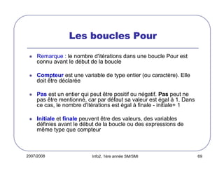 2007/2008 Info2, 1ère année SM/SMI 69
Les boucles PourLes boucles PourLes boucles PourLes boucles Pour
Remarque : le nombre d'itérations dans une boucle Pour est
connu avant le début de la boucle
Compteur est une variable de type entier (ou caractère). Elle
doit être déclarée
Pas est un entier qui peut être positif ou négatif. Pas peut ne
pas être mentionné, car par défaut sa valeur est égal à 1. Dans
ce cas, le nombre d'itérations est égal à finale - initiale+ 1
Initiale et finale peuvent être des valeurs, des variables
définies avant le début de la boucle ou des expressions de
même type que compteur
 