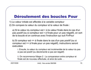 2007/2008 Info2, 1ère année SM/SMI 70
DDDDééééroulement des boucles Pourroulement des boucles Pourroulement des boucles Pourroulement des boucles Pour
1) La valeur initiale est affectée à la variable compteur
2) On compare la valeur du compteur et la valeur de finale :
a) Si la valeur du compteur est > à la valeur finale dans le cas d'un
pas positif (ou si compteur est < à finale pour un pas négatif), on sort
de la boucle et on continue avec l'instruction qui suit FinPour
b) Si compteur est <= à finale dans le cas d'un pas positif (ou si
compteur est >= à finale pour un pas négatif), instructions seront
exécutées
i. Ensuite, la valeur du compteur est incrémentée de la valeur du pas
si pas est positif (ou décrémenté si pas est négatif)
ii. On recommence l'étape 2 : La comparaison entre compteur et
finale est de nouveau effectuée, et ainsi de suite …
 