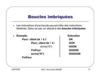 2007/2008 Info2, 1ère année SM/SMI 77
Boucles imbriquBoucles imbriquBoucles imbriquBoucles imbriquééééeseseses
Les instructions d'une boucle peuvent être des instructions
itératives. Dans ce cas, on aboutit à des boucles imbriquées
Exemple: Exécution
Pour i allant de 1 à 5 OK
Pour j allant de 1 à i OOK
écrire("O") OOOK
FinPour OOOOK
écrire("K") OOOOOK
FinPour
 
