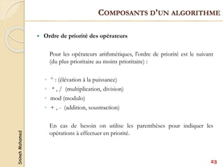 Snineh
Mohamed
 Ordre de priorité des opérateurs
Pour les opérateurs arithmétiques, l'ordre de priorité est le suivant
(du plus prioritaire au moins prioritaire) :
◦ ^ : (élévation à la puissance)
◦ * , / (multiplication, division)
◦ mod (modulo)
◦ + , - (addition, soustraction)
En cas de besoin on utilise les parenthèses pour indiquer les
opérations à effectuer en priorité.
23
COMPOSANTS D'UN ALGORITHME
 