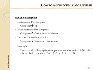 Snineh
Mohamed
Notion du compteur
 Initialisation d’un compteur :
Compteur  Vi
 Incrémentation d’un compteur
Compteur  Compteur + incrément
 Décrémentation d’un compteur
Compteur  Compteur - incrément
 Exemple :
Ecrire un algorithme qui calcule pour un nombre entier N (N>=0)
saisi au clavier, la somme : S=1+2+3+4+5+6+…..+N
31
COMPOSANTS D'UN ALGORITHME
 