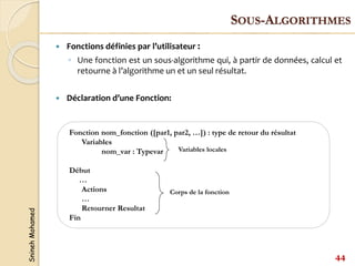 Snineh
Mohamed
 Fonctions définies par l’utilisateur :
◦ Une fonction est un sous-algorithme qui, à partir de données, calcul et
retourne à l’algorithme un et un seul résultat.
 Déclaration d’une Fonction:
44
SOUS-ALGORITHMES
Fonction nom_fonction ([par1, par2, …]) : type de retour du résultat
Variables
nom_var : Typevar
Début
…
Actions
…
Retourner Resultat
Fin
Corps de la fonction
Variables locales
 
