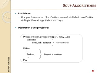 Snineh
Mohamed
 Procédures:
◦ Une procédure est un bloc d’actions nommé et déclaré dans l’entête
de l’algorithme et appelé dans son corps.
 Déclaration d’une procédure :
45
SOUS-ALGORITHMES
Procedure nom_procedure ([par1, par2, …]) :
Variables
nom_var : Typevar
Début
…
Actions
…
Fin
Corps de la procédure
Variables locales
 