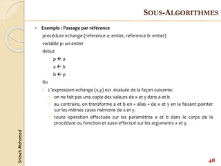 Snineh
Mohamed
 Exemple : Passage par référence
procédure echange (reference a: entier, reference b: entier)
variable p: un entier
debut
p  a
a  b
b  p
fin
◦ L’expression echange (x,y) est évaluée de la façon suivante:
 on ne fait pas une copie des valeurs de x et y dans a et b
 au contraire, on transforme a et b en « alias » de x et y en le faisant pointer
sur les mêmes cases mémoire de x et y.
 toute opération effectuée sur les paramètres a et b dans le corps de la
procédure ou fonction et aussi effectué sur les arguments x et y.
48
SOUS-ALGORITHMES
 