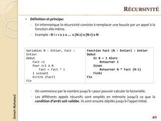 Snineh
Mohamed
 Définition et principe:
◦ En informatique la récursivité consiste à remplacer une boucle par un appel à la
fonction elle-même.
◦ Exemple : N ! = 1 x 2 x … x (N-2) x (N-1) x N
◦ On commence par le nombre jusqu’à 1 pour pouvoir calculer la factorielle.
◦ Les différents appels récursifs sont empilés en mémoire jusqu’à ce que la
condition d’arrêt soit validée. Ils sont ensuite dépilés jusqu’à l’appel initial.
49
RÉCURSIVITÉ
Variables N : Entier, Fact :
Entier
Debut
Fact ←1
Pour i←1 à N
Fact ← Fact * i
i suivant
Ecrire (Fact)
Fin
Fonction Fact (N : Entier) : Entier
Debut
Si N = 1 Alors
Retourner 1
Sinon
Retourner N * Fact (N-1)
FinSi
Fin
 