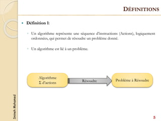 Snineh
Mohamed
 Définition 1:
◦ Un algorithme représente une séquence d’instructions (Actions), logiquement
ordonnées, qui permet de résoudre un problème donné.
◦ Un algorithme est lié à un problème.
Algorithme
 d’actions Résoudre Problème à Résoudre
DÉFINITIONS
5
 