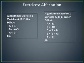 Algorithme: Exercice 1
Variable A, B: Entier
Début:
A <- 1;
B <- A+3;
A <- 3;
Fin
Algorithme: Exercice 2
Variable A, B, C: Entier
Début:
A <- 3;
B <- 10;
C <- A + B;
B <- B + A;
A <- C;
Fin
 