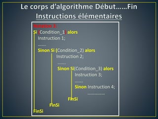 Notation 3:
Si (Condition_1) alors
Instruction 1;
…….
Sinon Si (Condition_2) alors
Instruction 2;
…….
Sinon Si(Condition_3) alors
Instruction 3;
…….
Sinon Instruction 4;
……………
FinSi
FinSi
FinSi
 
