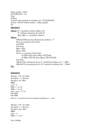 Prof .F.AYOUB
Indice_grand← indice
PLUSGRAND← val
Finsi
FinPour
Ecrire("le plus grand de ces nombres est:", PLUSGRAND)
Ecrire(" c'était le nombre numéro :",indice_grand)
Fin
Exercice 5
Objets : N : constante entière égale à 10
T : Tableau d’entiers de taille N
Min, Max, i : variables entières
Début :
Afficher("Donner les éléments du tableau : ")
Pour i0 jusqu’à (N-1) faire
Lire(T[i])
Fin-Pour
MinT[0]
MaxT[5]
Pour i1 jusqu’à 4 faire faire
Si (Min>T[i]) alors MinT[i] FinSi
Si (Max<T[i+5]) alors MaxT[i+5] FinSi
Fin-Pour
Afficher("Le minimum de la 1ère moitié du tableau est : ", Min)
Afficher("Le maximum de la 2ème moitié du tableau est : ", Max)
Fin.
Exercice 6
Tableau T (20 , 50) : Réel
Variables i , j : Entiers
Variable som : Réel
DEBUT
som← 0
POUR i = 1 A 20
POUR j = 1 A 50
som ← som + T (i , j)
FIN POUR
FIN POUR
Ecrire « La somme de tous les éléments du tableau est : » ,som
Tableau T (20 , 50) : Réel
Variables i , j : Entiers
Variable npos : Réel
DEBUT
npos← 0
POUR i = 1 A 20
 