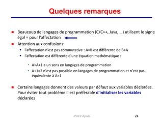 Beaucoup de langages de programmation (C/C++, Java, …) utilisent le signe
égal = pour l’affectation
 Attention aux confusions:
 l'affectation n'est pas commutative : A=B est différente de B=A
 l'affectation est différente d'une équation mathématique :
• A=A+1 a un sens en langages de programmation
• A+1=2 n'est pas possible en langages de programmation et n'est pas
équivalente à A=1
 Certains langages donnent des valeurs par défaut aux variables déclarées.
Pour éviter tout problème il est préférable d'initialiser les variables
déclarées
24
Quelques remarques
Prof.F.Ayoub
 