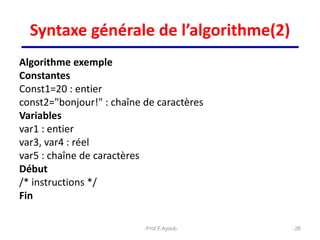 Syntaxe générale de l’algorithme(2)
Algorithme exemple
Constantes
Const1=20 : entier
const2="bonjour!" : chaîne de caractères
Variables
var1 : entier
var3, var4 : réel
var5 : chaîne de caractères
Début
/* instructions */
Fin
26
Prof.F.Ayoub
 